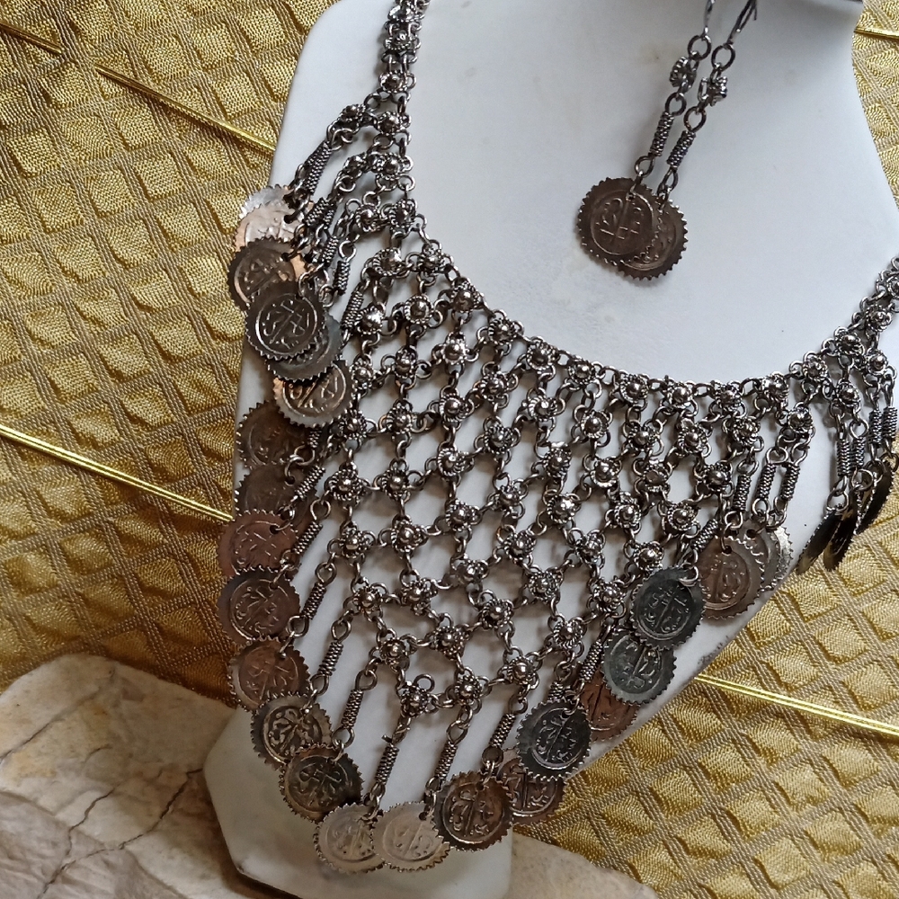 Silver Tone Coin Necklace and Earring Set Belly Dancing
